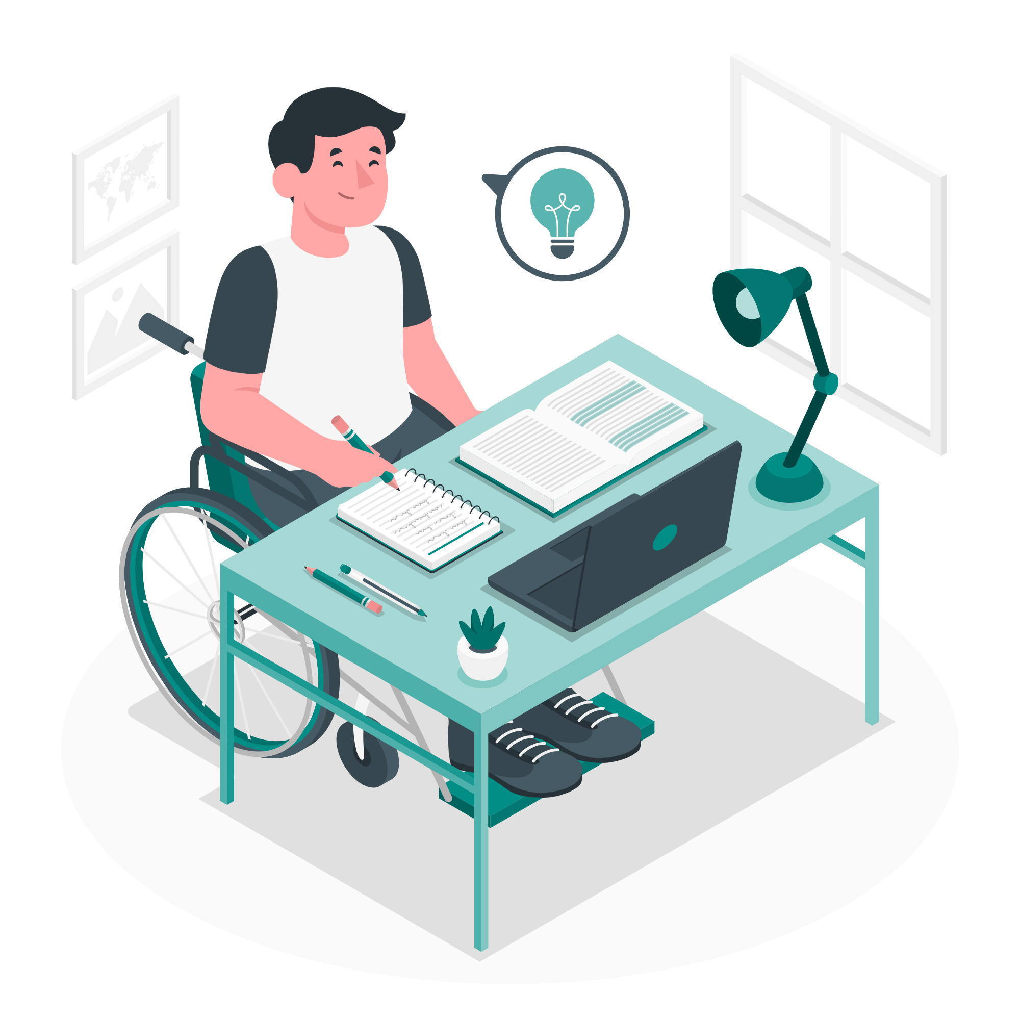 An illustation showing a differently abled student on his wheel-chaire chair, a study table in his front and a laptop on his study table.