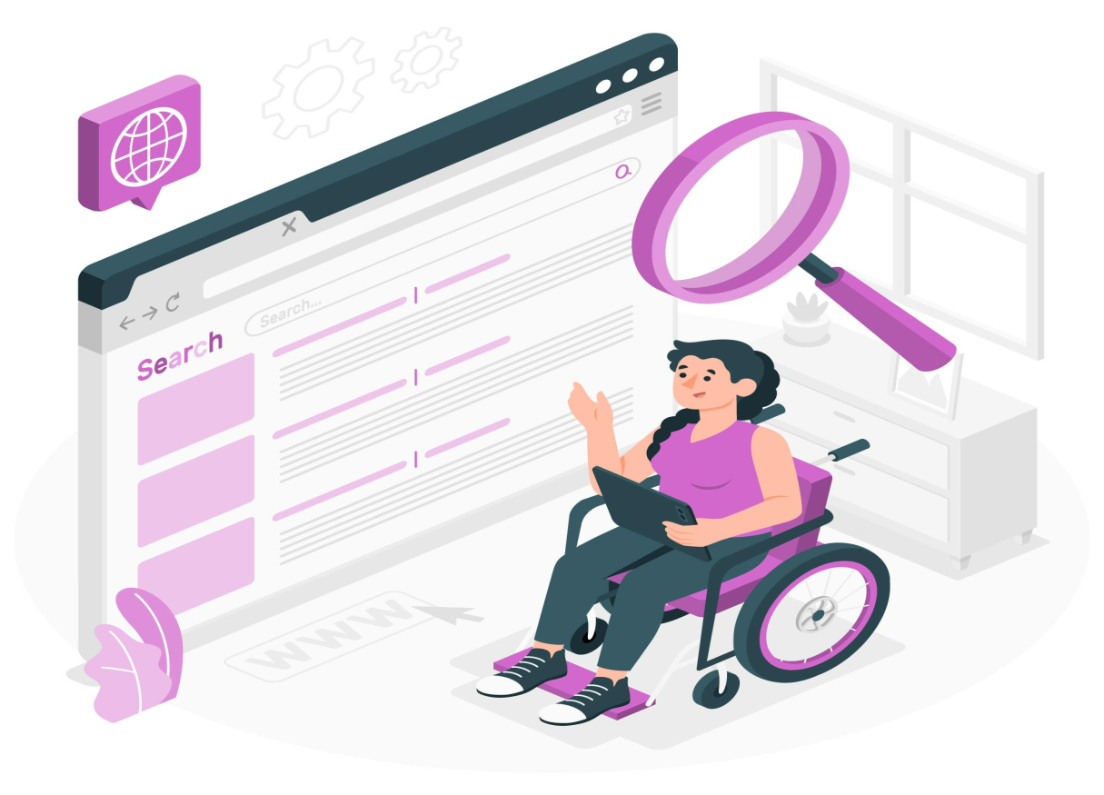 An illustation showing a differently abled person on wheel-chaire while a tab in his hands.