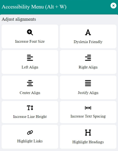 WebAccessify widget section showing alignment and Typographic adjustment features